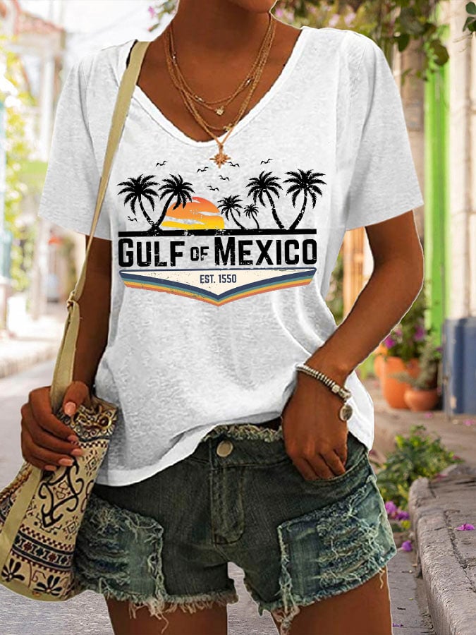 Women's Gulf Of Mexico Print V Neck Casual T-Shirt