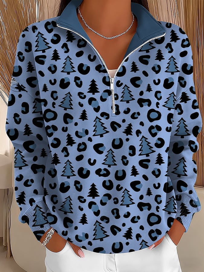 Women's Casual Retro Leopard Print Christmas Tree Zipper Sweatshirt