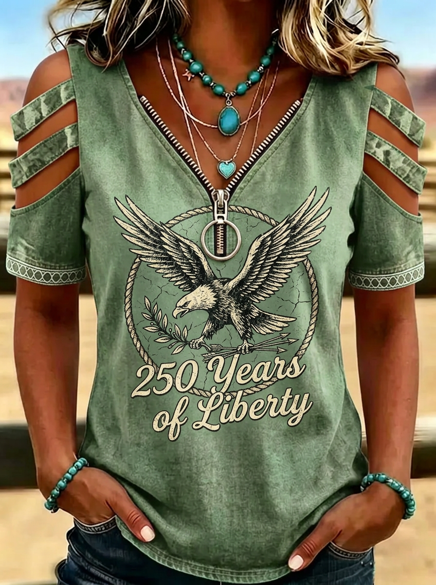 Women's Western Independence Day Eagle 250 Years of Liberty Printed T-shirt