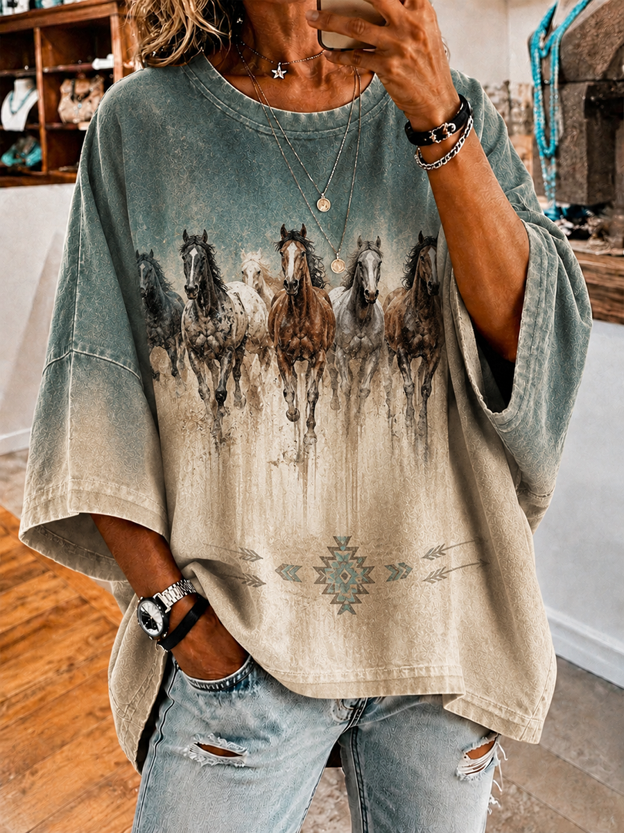 Women's Gradient Running Horse Aztec Arrow Print Loose Wide Short Sleeve Tee