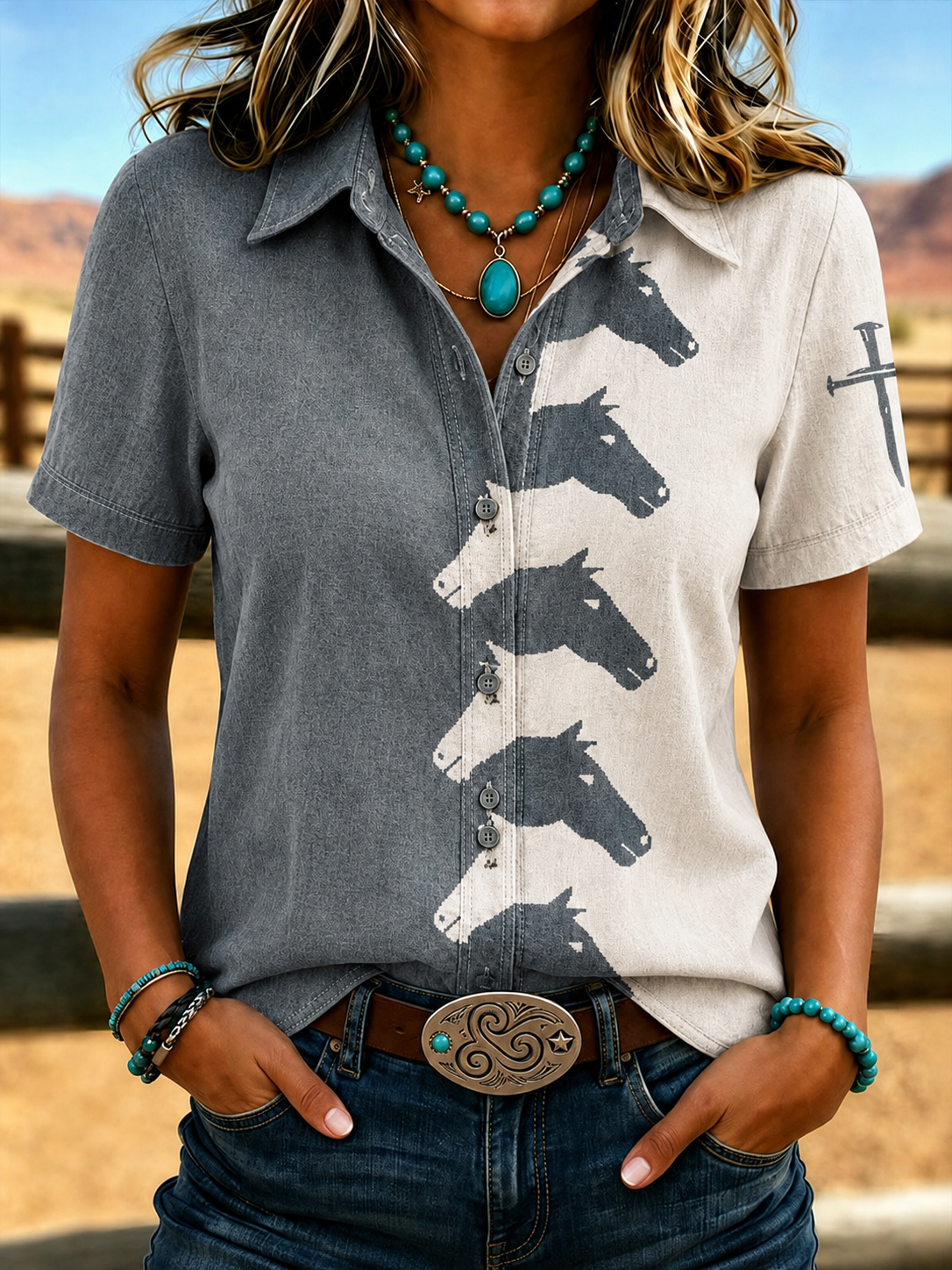 Women'S Retro Western Style Cross Short Sleeved Shirt
