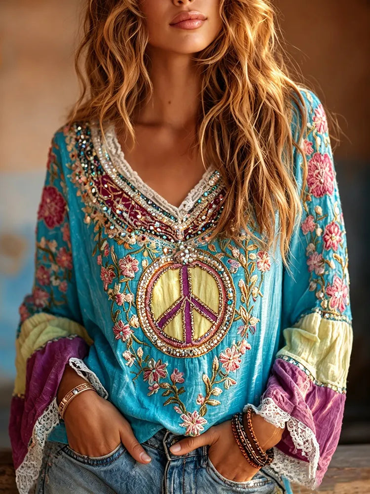Women's Vintage Hippie Floral Pattern Art Embroidered Linen Blend Long Sleeve Tops