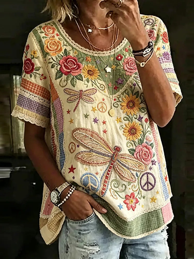 Women's Dragonfly And Floral Art Hippie Patchwork Cotton Linen Crew Neck Short Sleeve Top