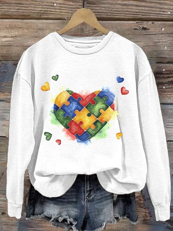 Retro Autism Awareness Love Heart Puzzle Print Sweatshirt