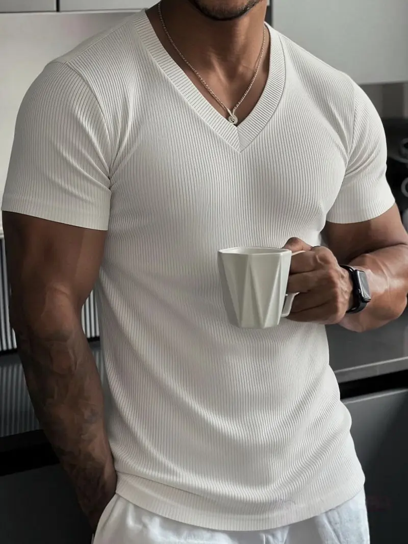 Men's summer plain-colored V-neck short-sleeved breathable fashionable streetwear