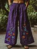 Women's Embroidered Floral Pattern Linen Blend Casual Pants