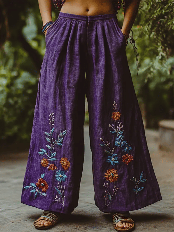 Women's Embroidered Floral Pattern Linen Blend Casual Pants