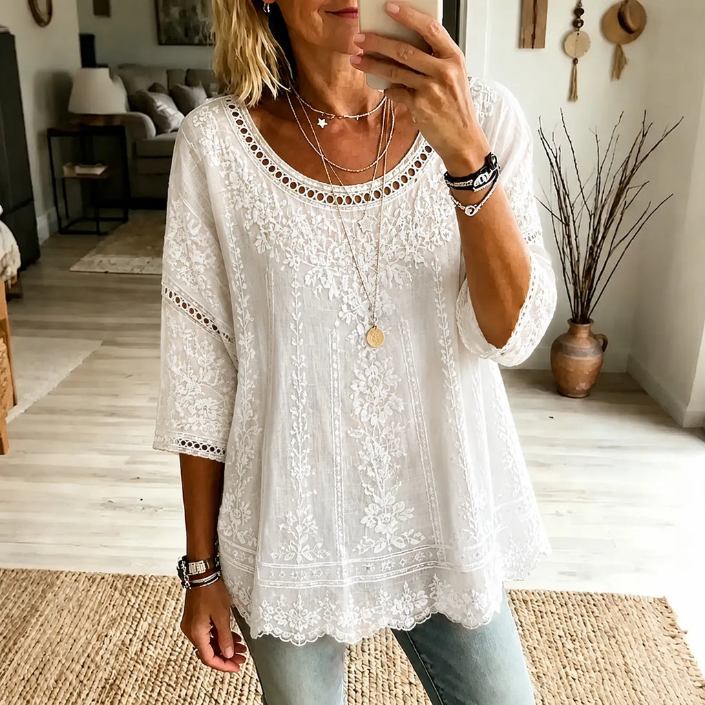 Women's Retro Floral Lace Embroidery Art Crew Neck Linen Blend T-shirt