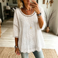 Women's Retro Floral Lace Embroidery Art Crew Neck Linen Blend T-shirt