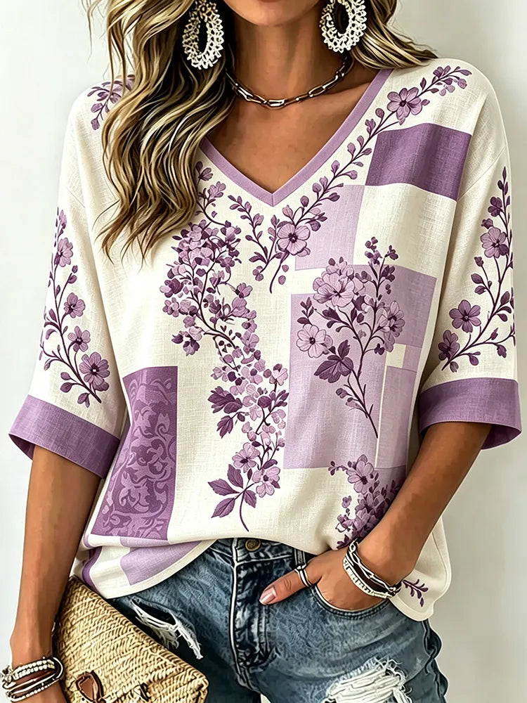 Women's Retro Floral Color Block Print Linen Blend Casual V-neck Three-quarter Sleeve T-shirt
