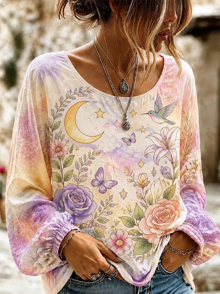 Women's Crew Neck Long Sleeve Blouse With Cuffed Sleeves, Crescent Moon, Hummingbird, And Floral Print