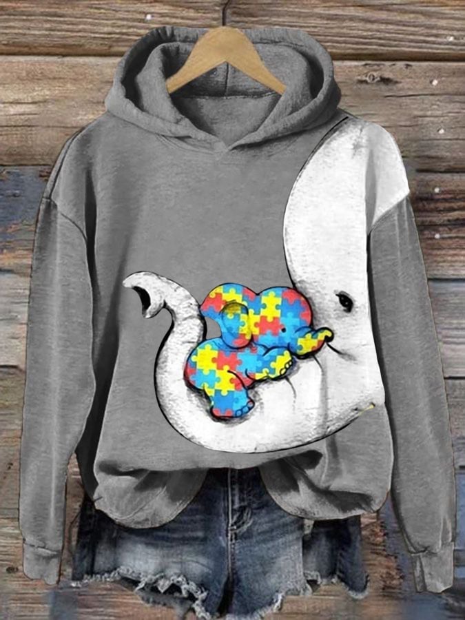 Women'S Autism Elephant And Baby Elephant Print Long Sleeve Sweatshirt