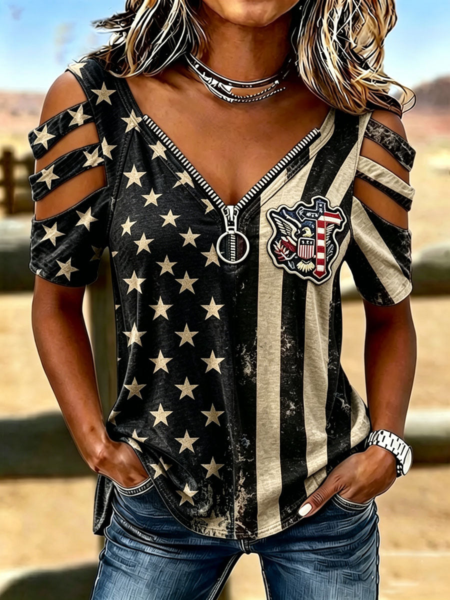 Female Faith Casual Hollowed Out Patriotic T-Shirt