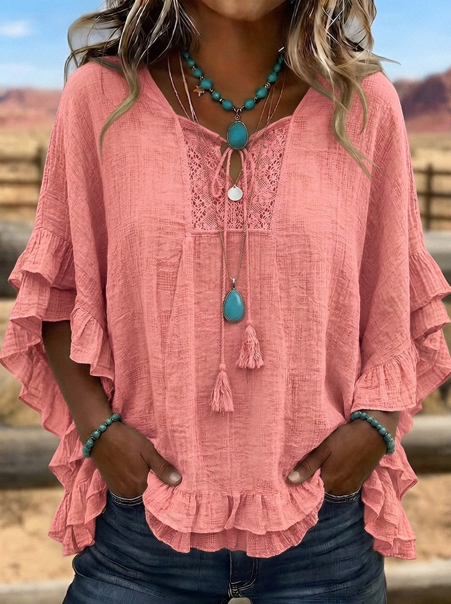 Women's Western Vintage Boho Lace Trim Ruffled Printed Top