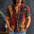Men's Vintage Patchwork Peace Sign Sun Moon Star Art Print Cotton Linen Shirt