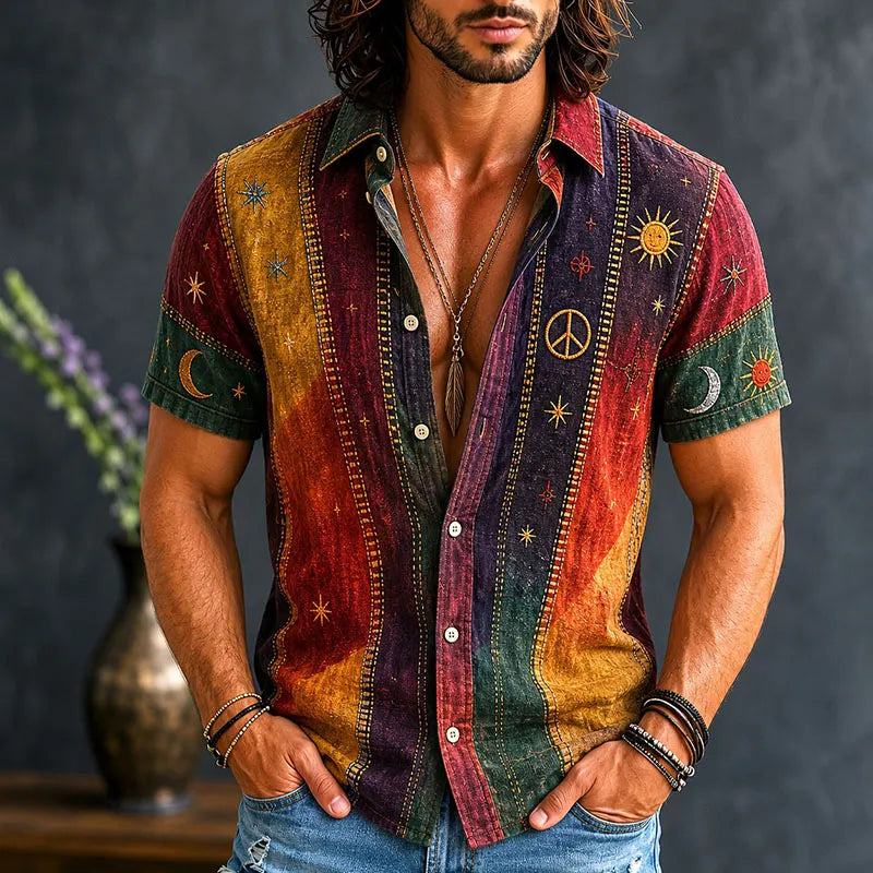 Men's Vintage Patchwork Peace Sign Sun Moon Star Art Print Cotton Linen Shirt