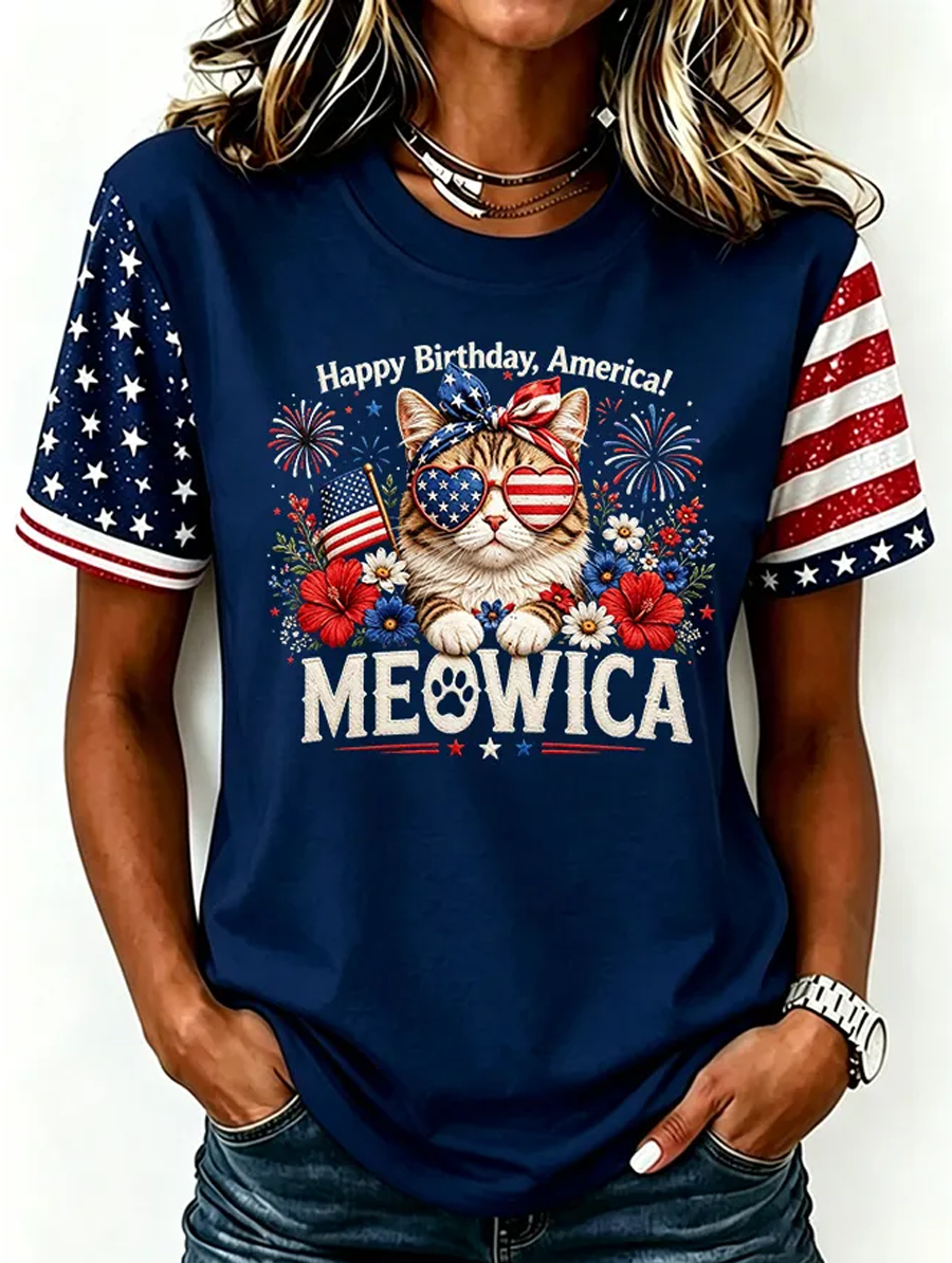 Women'S American Cat Printed Casual T-Shirt