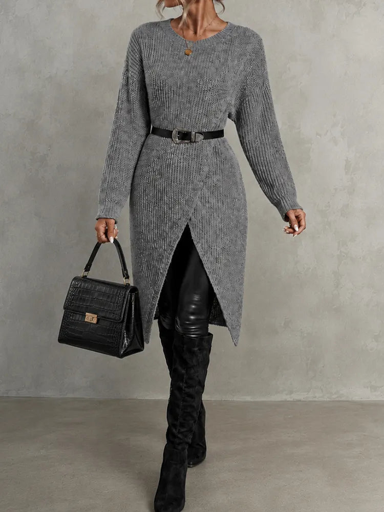 Elegant Crew Neck Long Knit Sweater
