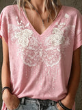 Women's Casual Retro Short-Sleeve Top with Floral Breast Cancer Awareness Print