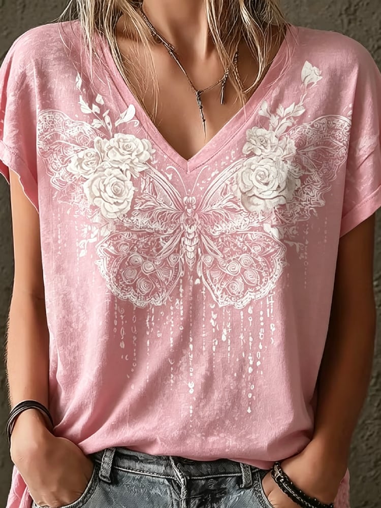 Women's Casual Retro Short-Sleeve Top with Floral Breast Cancer Awareness Print