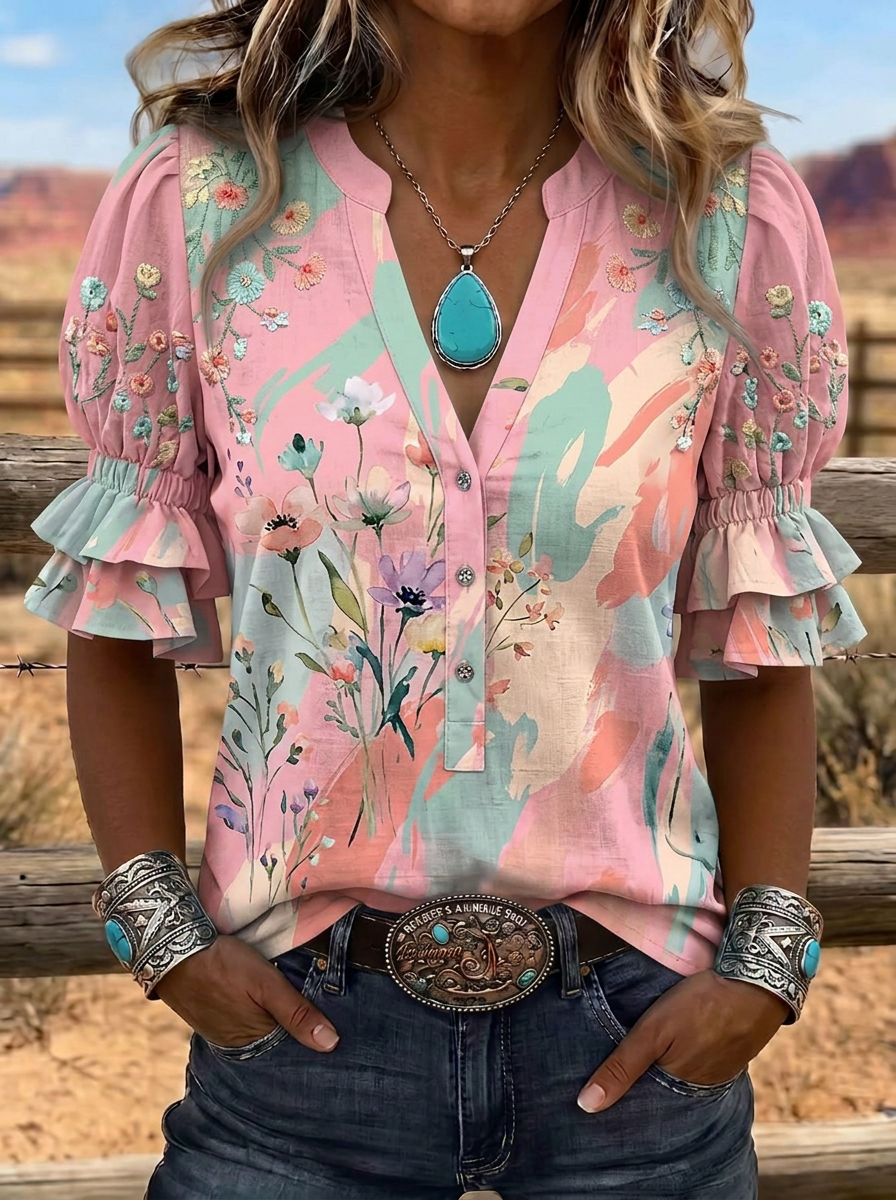 Women's Western Vintage Floral Watercolor Printed V-Neck Top