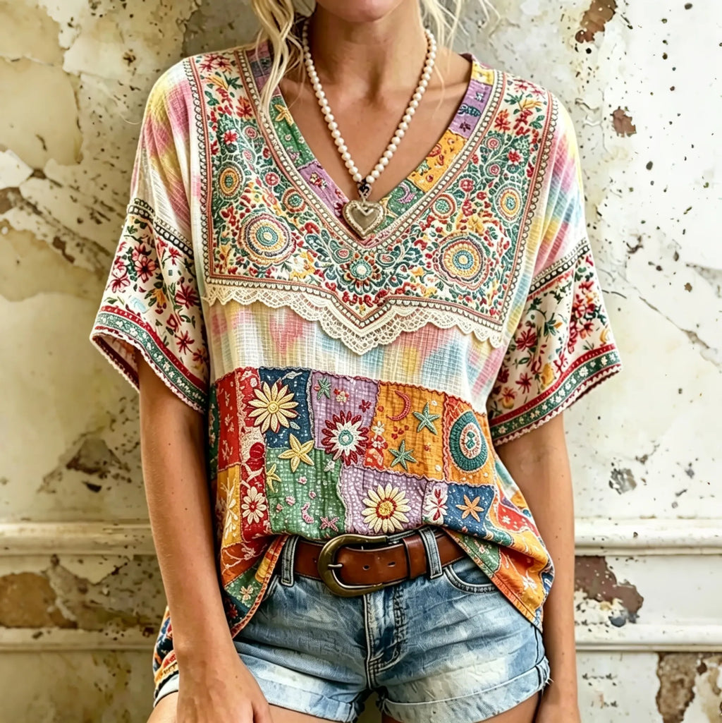 Women's Vintage Hippie Floral And Stars Pattern Art Embroidered Linen Blend V Neck Shirts
