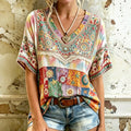Women's Vintage Hippie Floral And Stars Pattern Art Embroidered Linen Blend V Neck Shirts