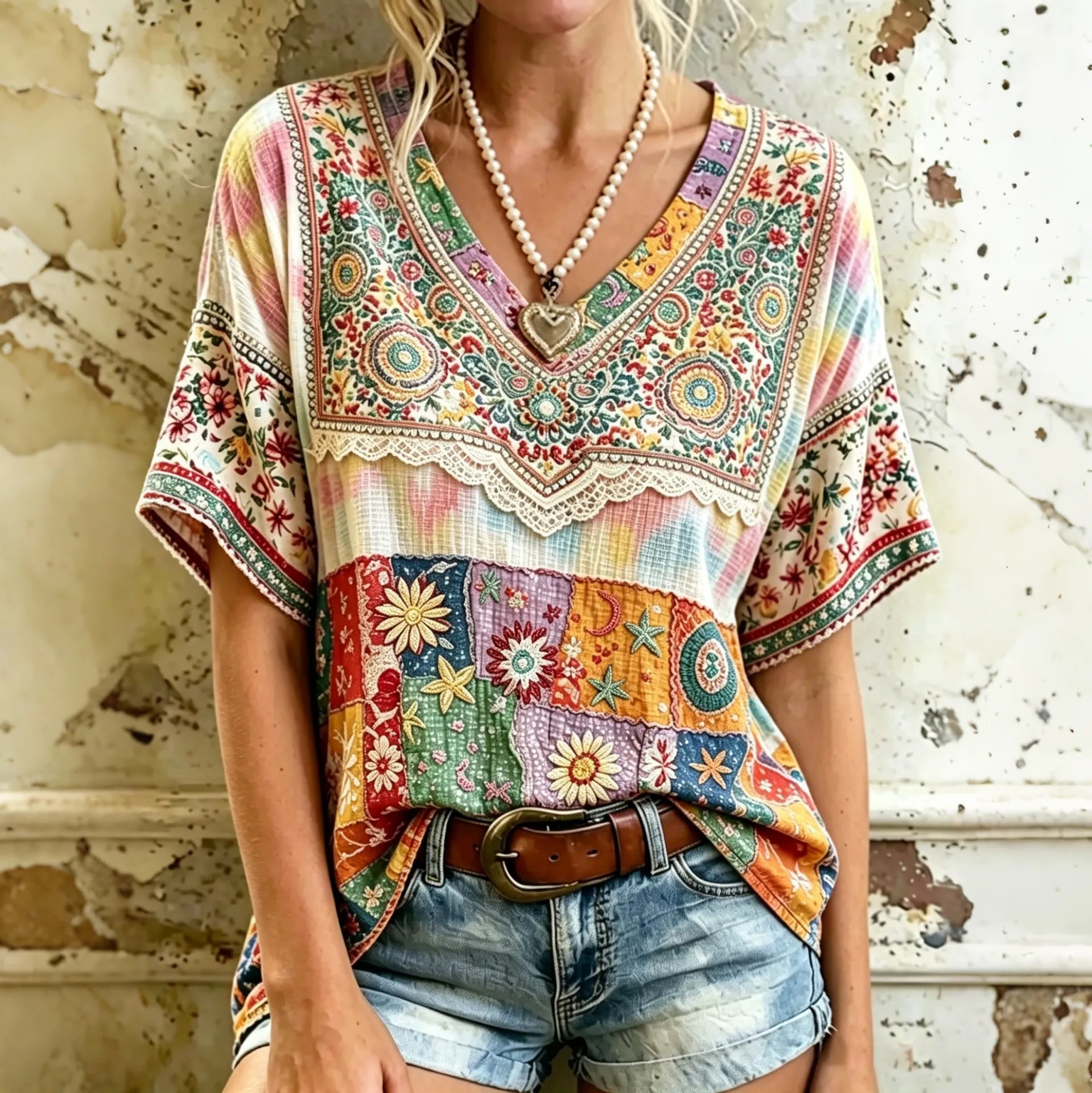 Women's Vintage Hippie Floral And Stars Pattern Art Embroidered Linen Blend V Neck Shirts