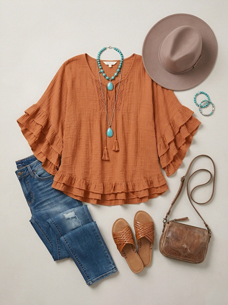 Women's Western Vintage Boho Lace Trim Ruffled Printed Top