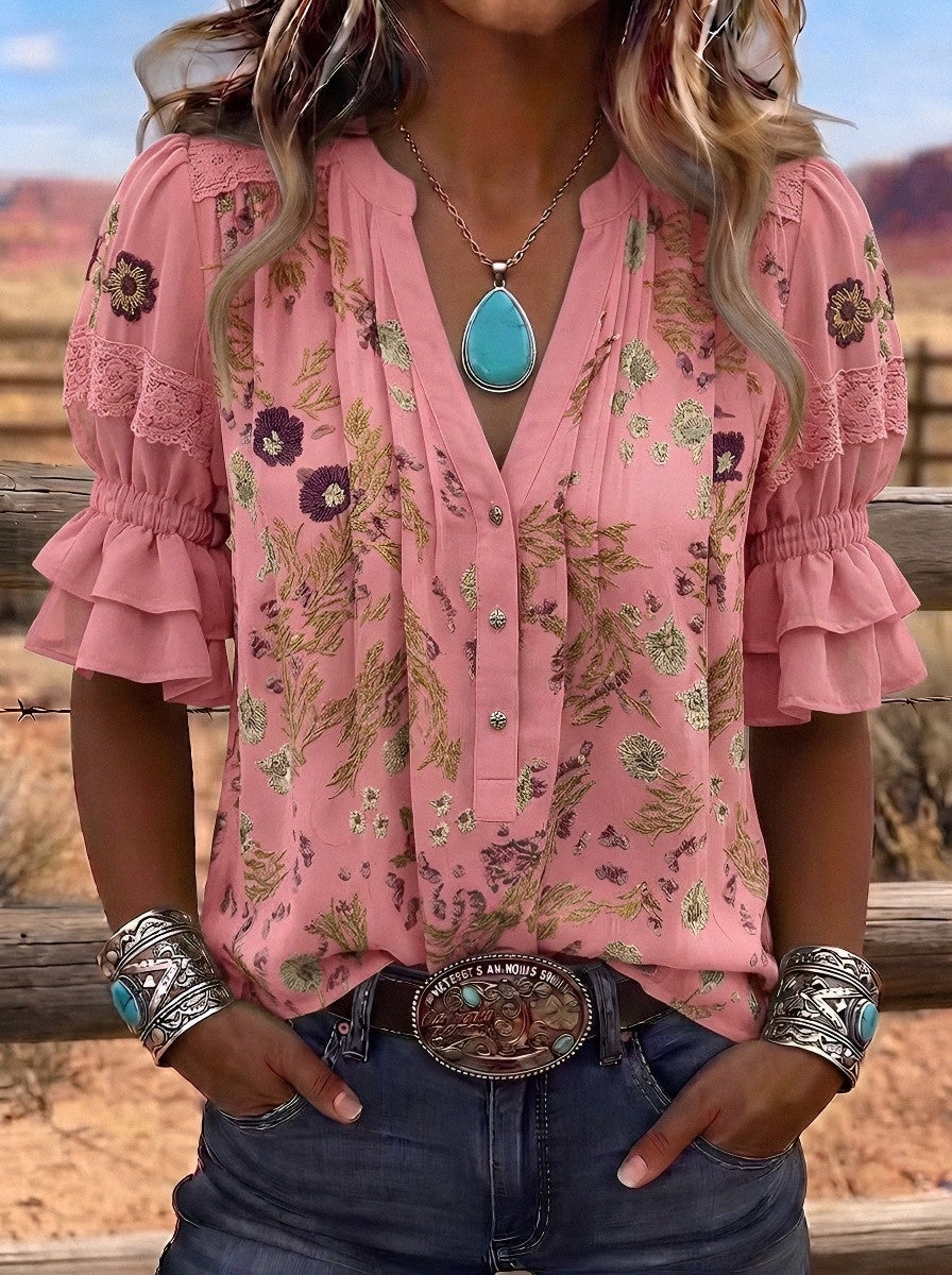 Women's Western Vintage Floral Lace Trim Printed Blouse