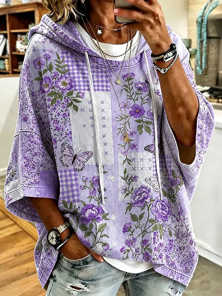 Women's Vintage Floral And Butterfly Geometric Patterns Print Hooded Sweatshirt