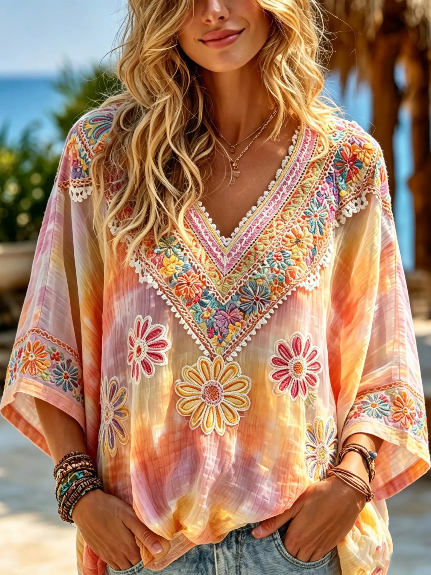 Women's Retro Gradient Boho Floral Casual V Neck Cotton Linen T-shirt