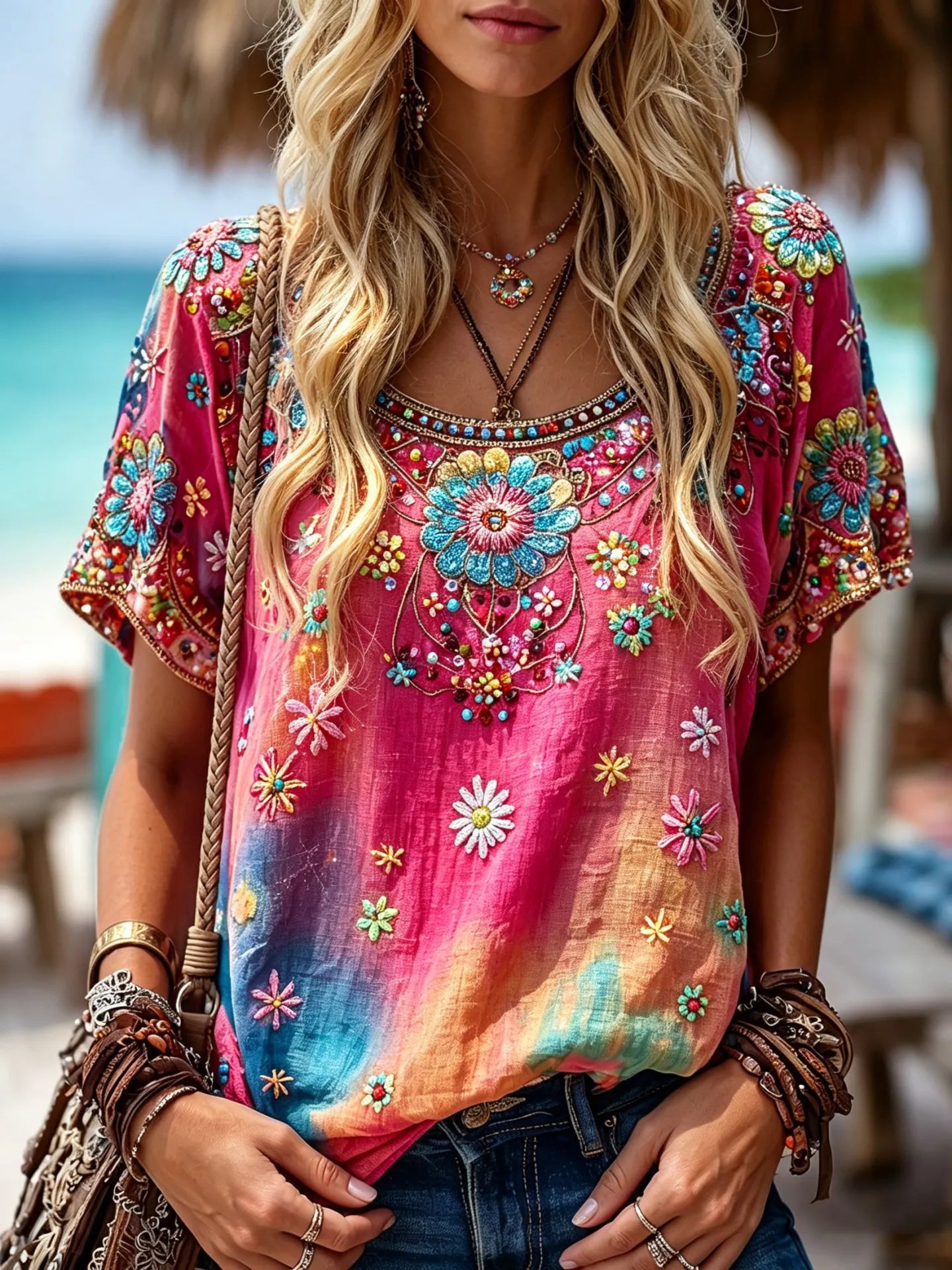 Women's Retro Hippie Style Floral Art Casual Linen Blend Short-sleeve T-shirt