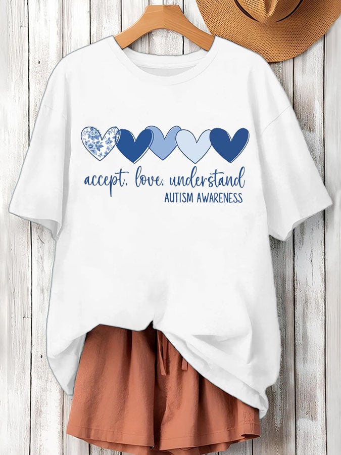 Women's Accept Love Understand Autism Awareness  Printed Short-Sleeved T-Shirt