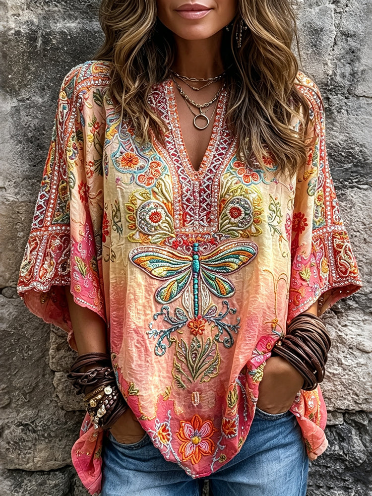Women's Vintage Floral Dragonfly Art Linen Blend V Neck Tops