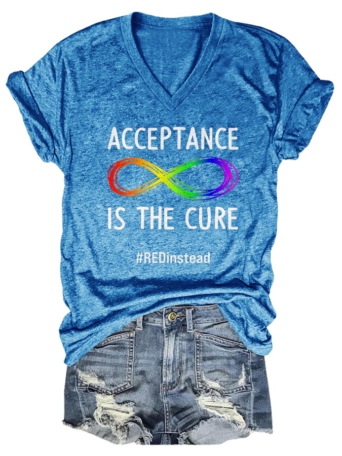 V-neck Acceptance Is The Cure Wear Red Instead Autism Print T-Shirt