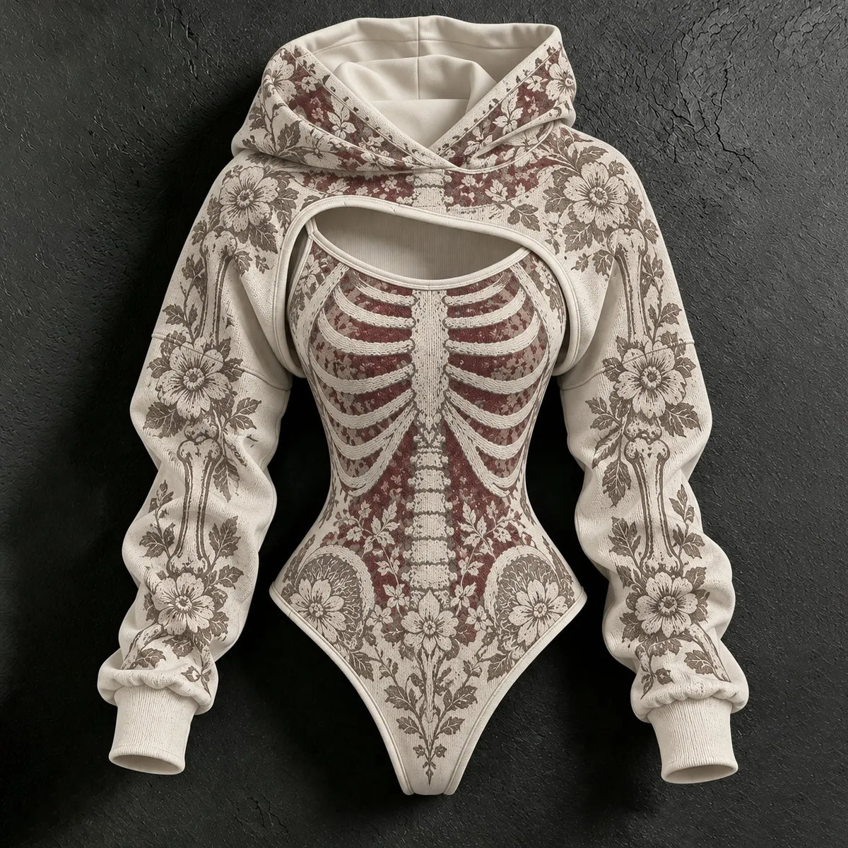 Women's Vintage Halloween Skeleton & Floral Print Casual Two-piece Set