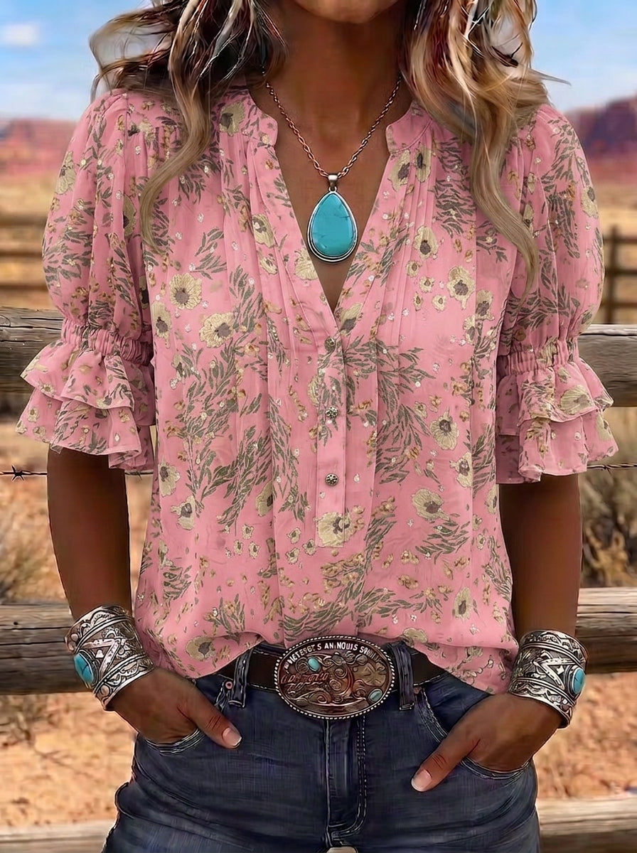 Women's Western Vintage Floral Ruffle Sleeve Printed Top