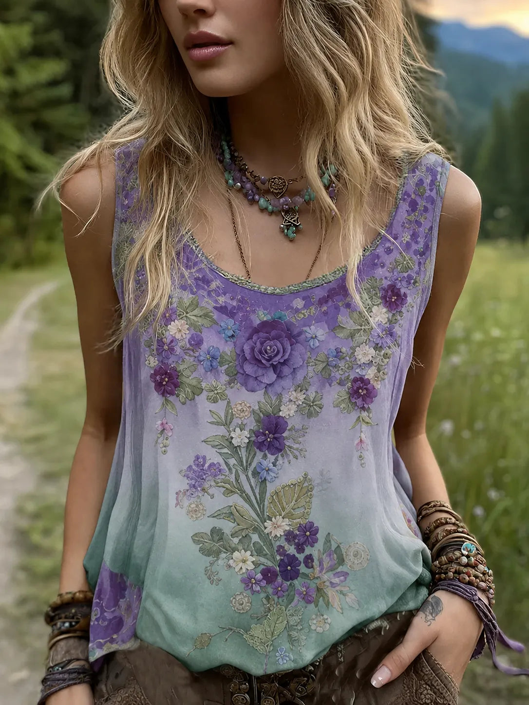 Vintage Classy Gradient Purple Lavender And Floral Embroidered Pattern Linen Tank Top
