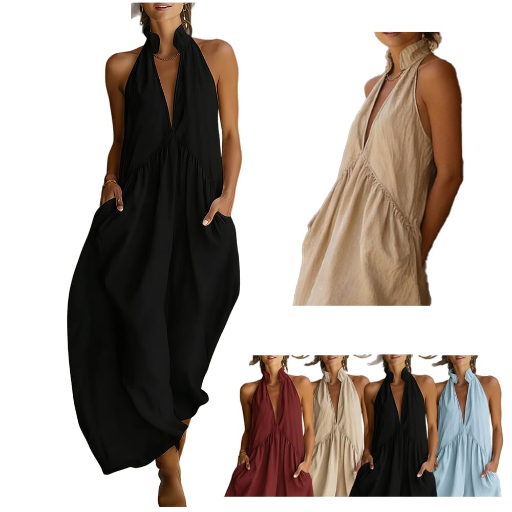 2026 Minimalist Halter Neck Maxi Dress | Casual Loose Fit Summer Dress with Pockets for Women