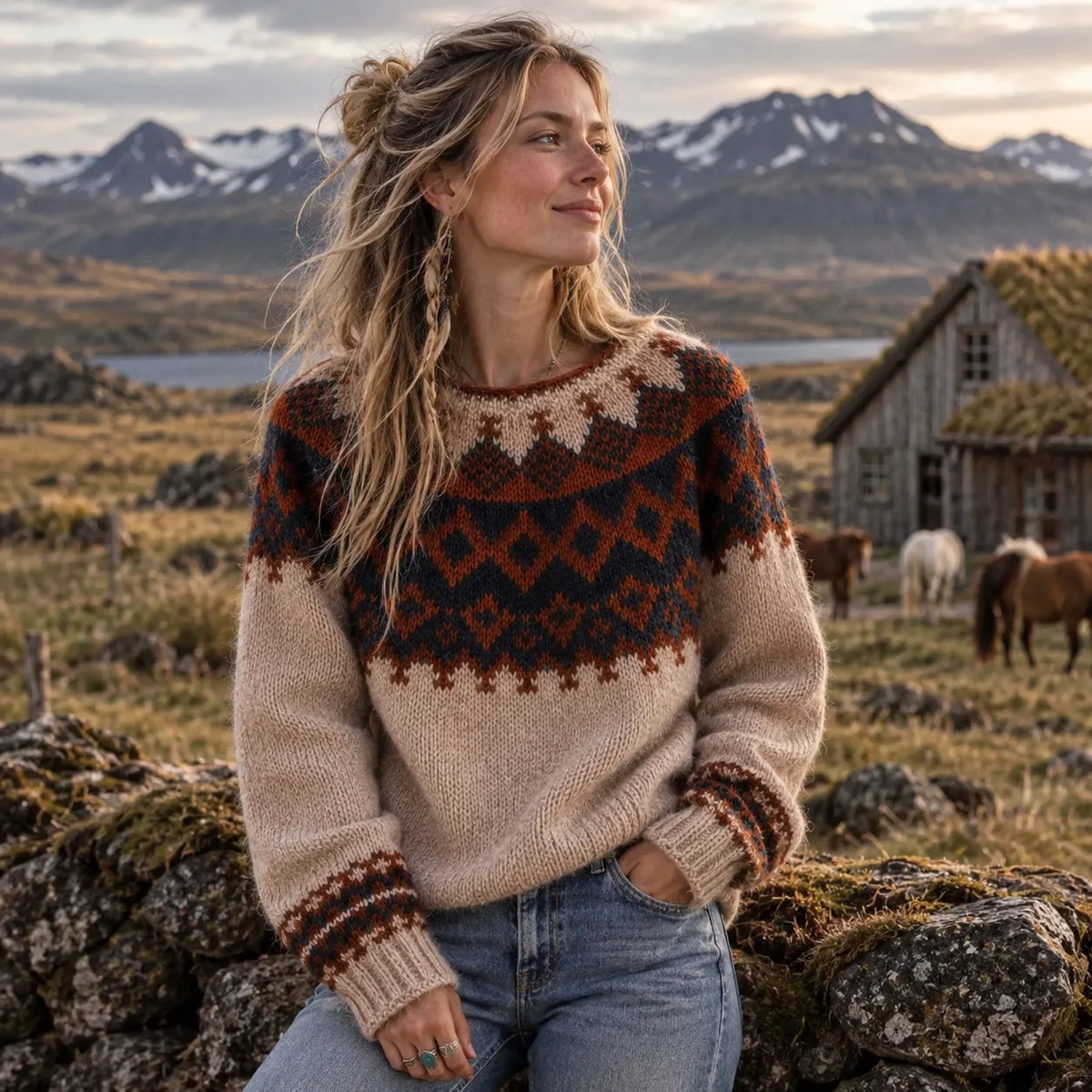 Women's Nordic Print Knitted Comfort Round Neck Sweater