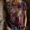 Women's Retro Faded Rose Woven Embroidered Purple Patchwork Cotton Linen Round Neck Short Sleeve Top