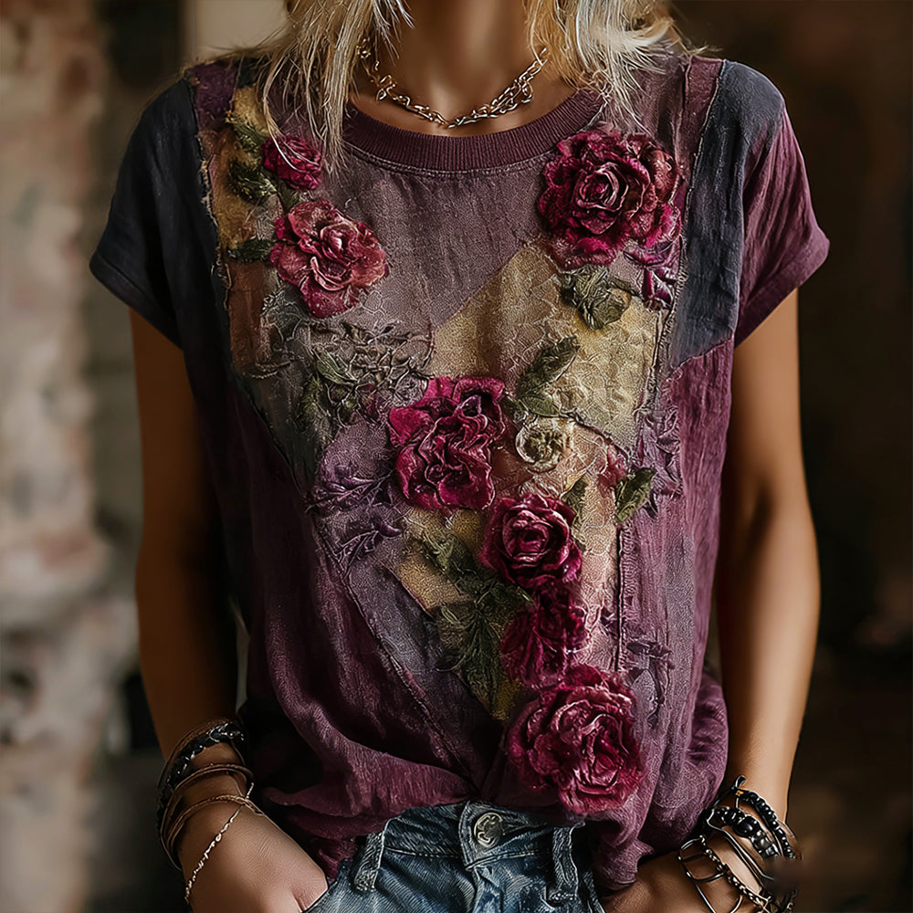 Women's Retro Faded Rose Woven Embroidered Purple Patchwork Cotton Linen Round Neck Short Sleeve Top