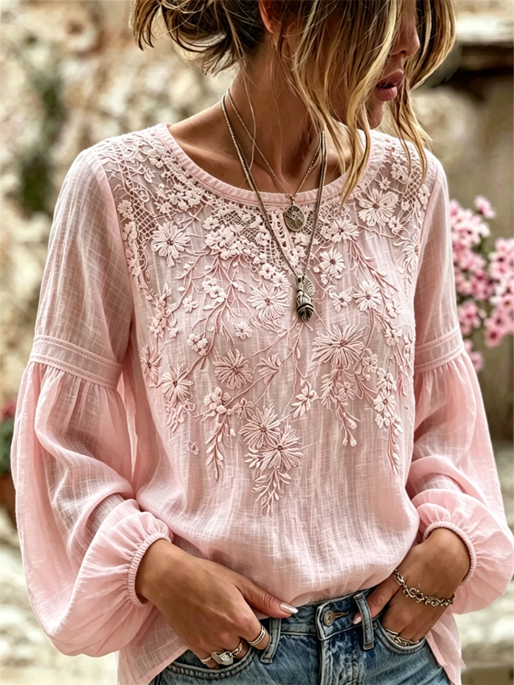 Women's Retro Breast Cancer Floral Print Long-Sleeved Top