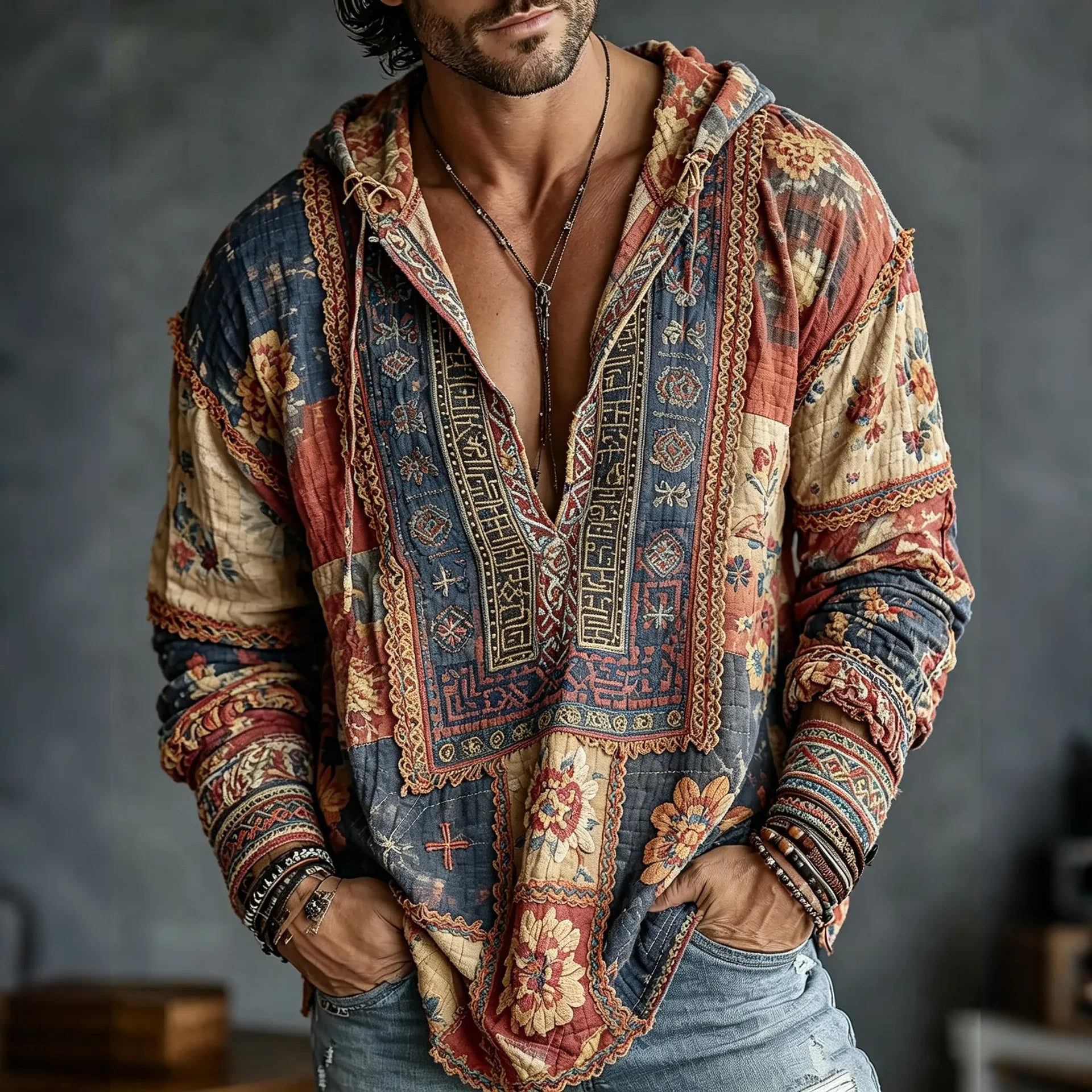 Men's Retro Floral  Patchwork Embroidered Art Print Flowy Linen Blend Casual  Hooded Shirt
