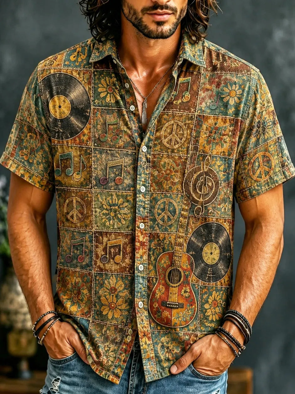 Men's Peace Love Music Hippie Camo Art Patchwork Print Casual Shirt