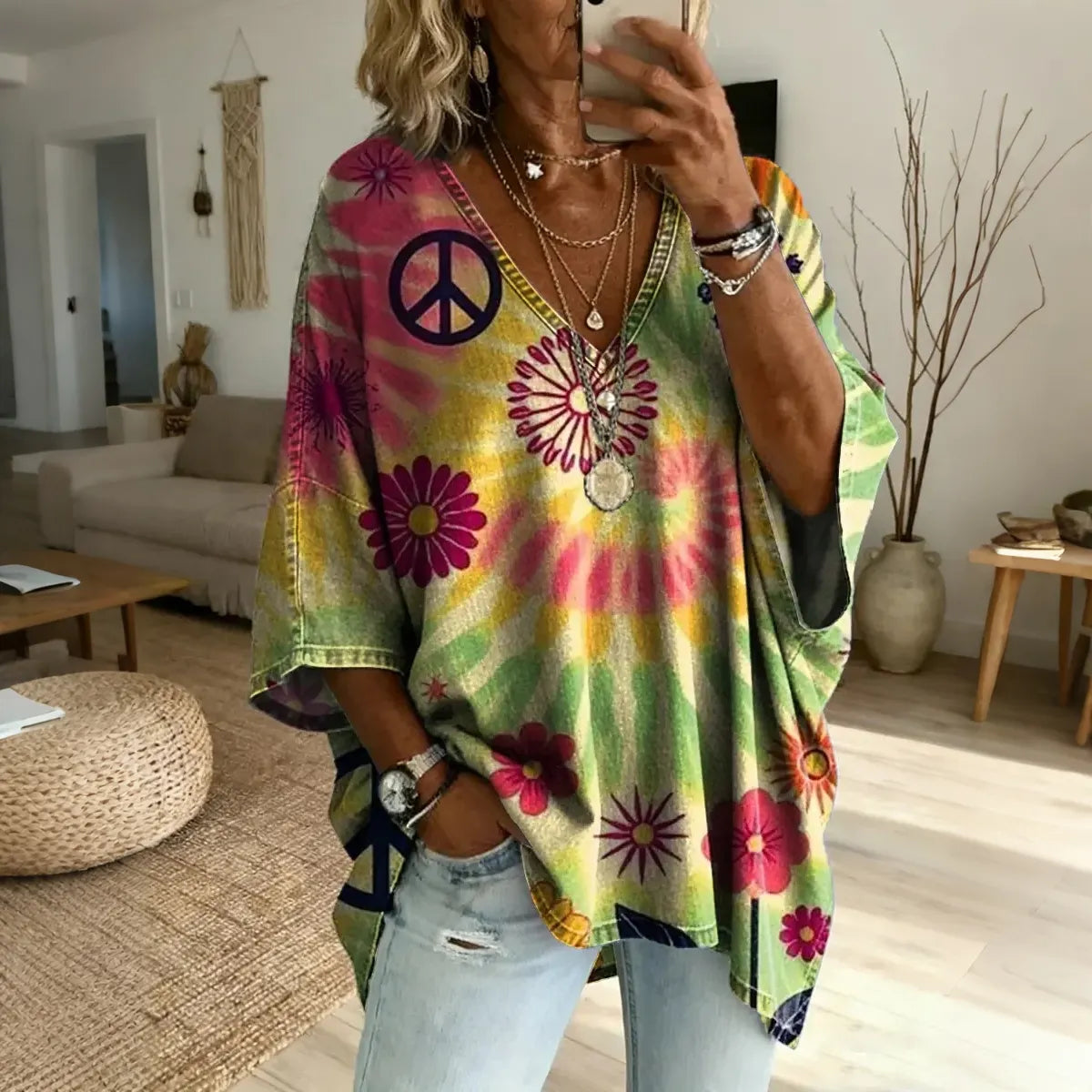 Women's Retro Hippie Floral Art Tie-dye Print Casual Cotton Linen T-shirt