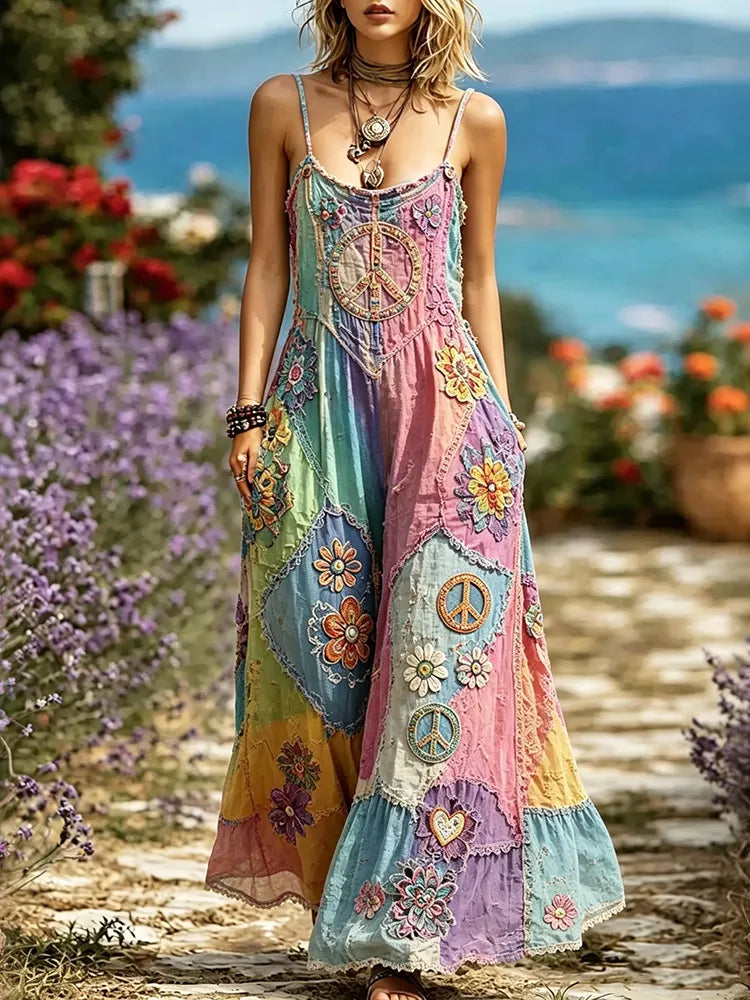 Women's Hippie Floral Peace Symbol Embroidered Patchwork Sleeveless Dress