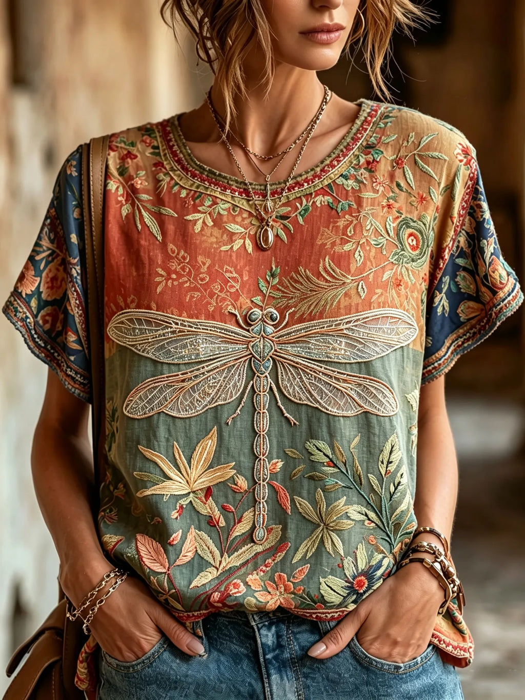 Women's Vintage Hippie Floral And Dragonfly Pattern Art Embroidered Linen Blend Short Sleeve Tops