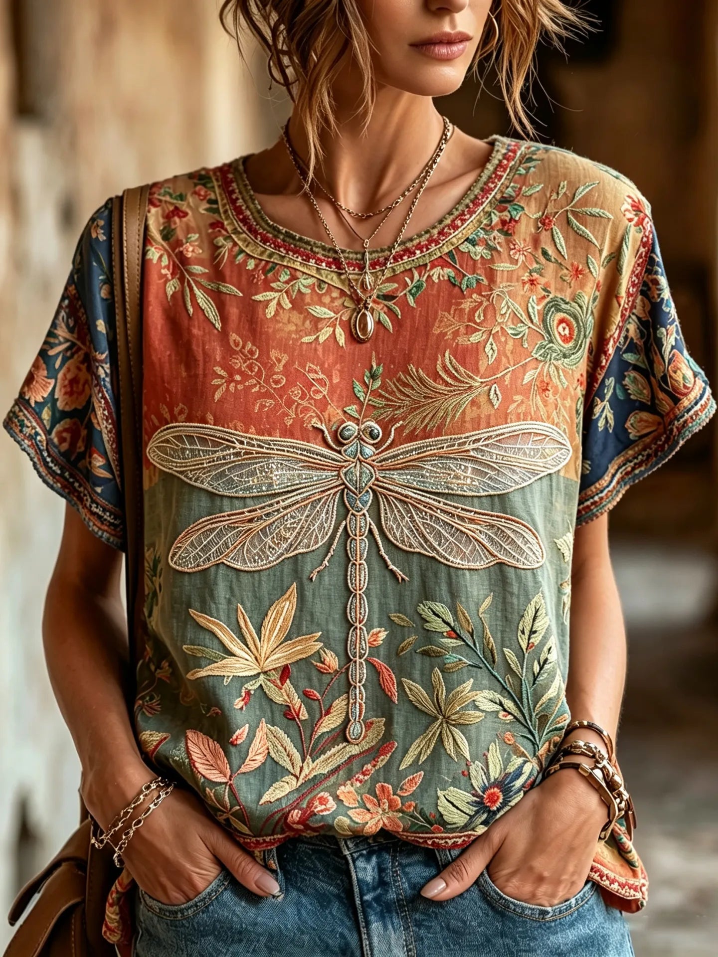 Women's Vintage Hippie Floral And Dragonfly Pattern Art Embroidered Linen Blend Short Sleeve Tops